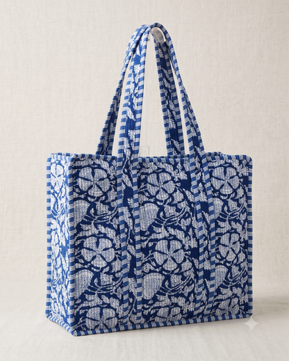 Indian Hand Block Print Cotton Quilted Tote Bag Bohemian Fashion Shoulder Bag Two Handles Open for Gifts Christmas Travel