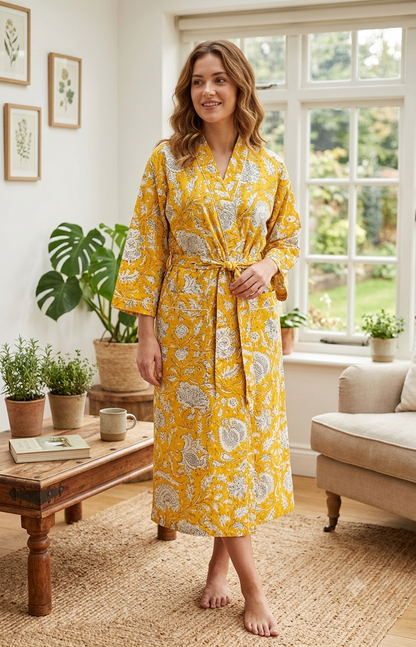 New Arrival Yellow Floral Printed Pure Cotton House Kimono Robe Nightwear Bath Robe for Women