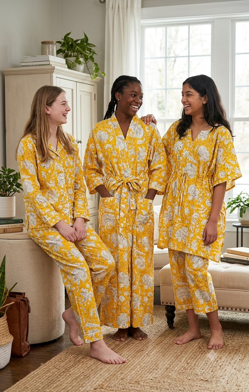 New Arrival Yellow Floral Printed Pure Cotton House Kimono Robe Nightwear Bath Robe for Women