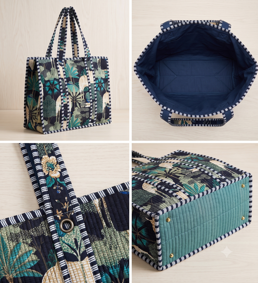 Indian Hand Block Print Cotton Quilted Tote Bag Bohemian Fashion Shoulder Bag Two Handles Open for Gifts Christmas Travel