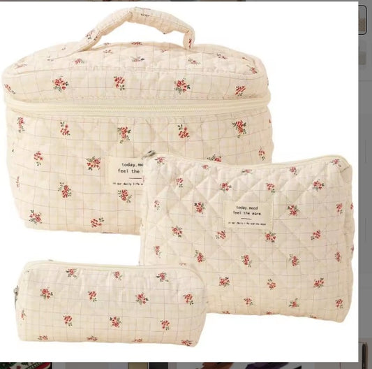 3-Piece Quilted Travel Cosmetic Bag Set